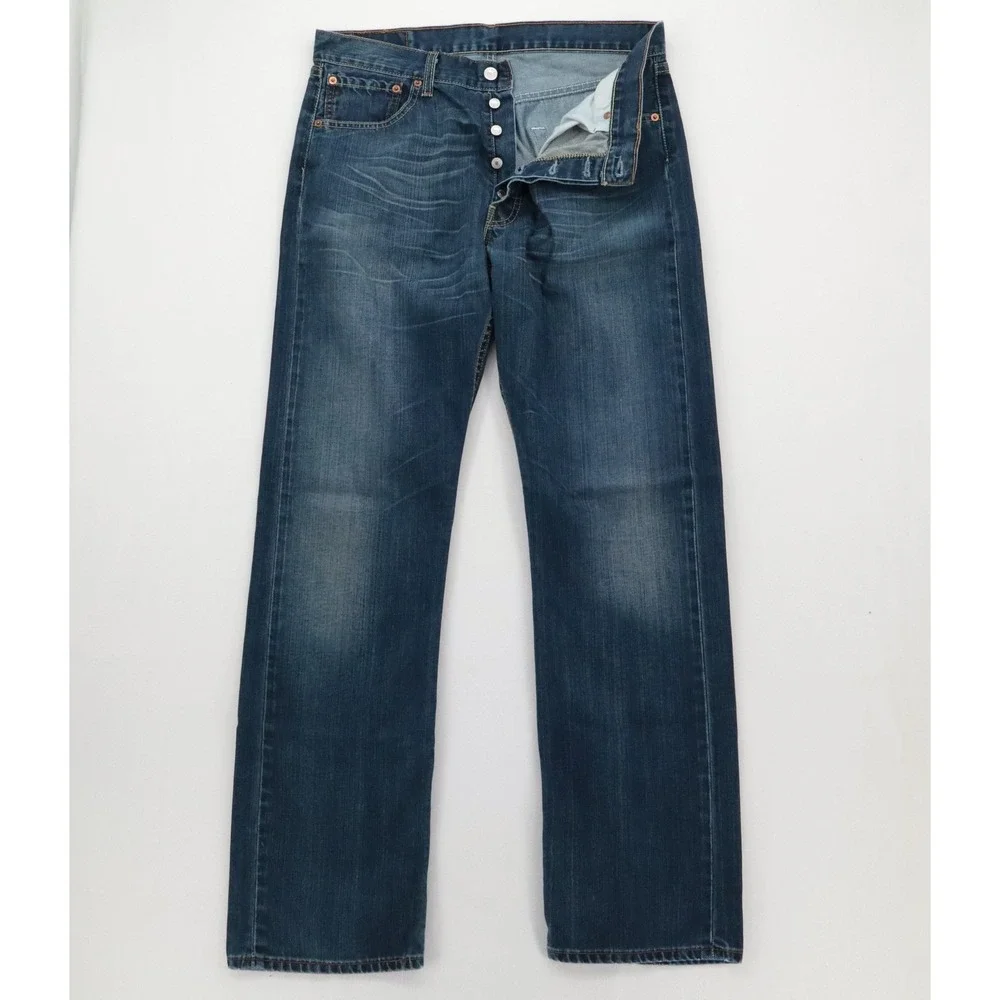 Levis 501 Original Fit Mens Jeans 34x34 Dark Blue Denim Button Fly Straight Leg
